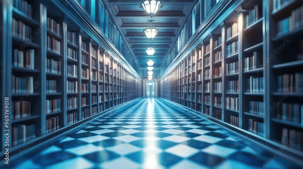 A calm library aisle flanked by wooden bookshelves. Rows of neatly arranged books fill the shelves, creating a quiet and studious atmosphere A calm library aisle flanked by wooden bookshelves. Rows of neatly arranged books fill the shelves, creating a quiet and studious atmosphere
