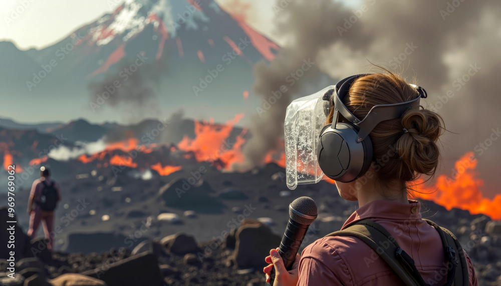 A woman wearing a face shield and headphones holding a microphone in front of a volcano A woman wearing a face shield and headphones holding a microphone in front of a volcano