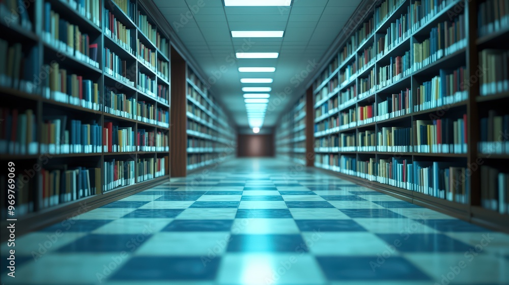 A calm library aisle flanked by wooden bookshelves. Rows of neatly arranged books fill the shelves, creating a quiet and studious atmosphere A calm library aisle flanked by wooden bookshelves. Rows of neatly arranged books fill the shelves, creating a quiet and studious atmosphere