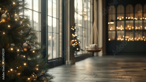 lavish interior showcasing green and gold tones, with a beautifully lit Christmas tree, cozy swings hanging near rounded windows, and a sophisticated perfume shelf displayed under photo