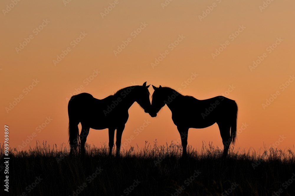 Two horses stand facing each other in a field at sunset, their silhouettes outlined against the fiery sky Two horses stand facing each other in a field at sunset, their silhouettes outlined against the fiery sky