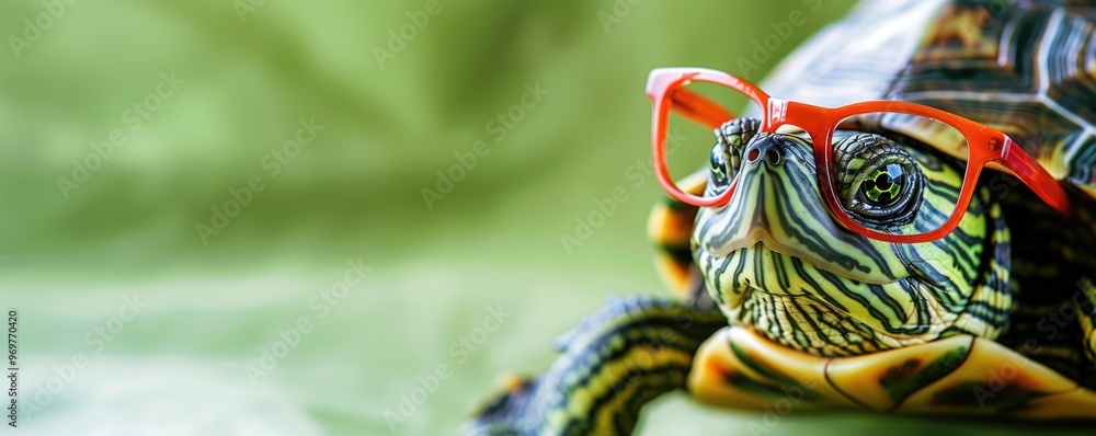 Fototapeta premium Turtle Wearing Red Glasses on Green Background – Quirky Animal Portrait