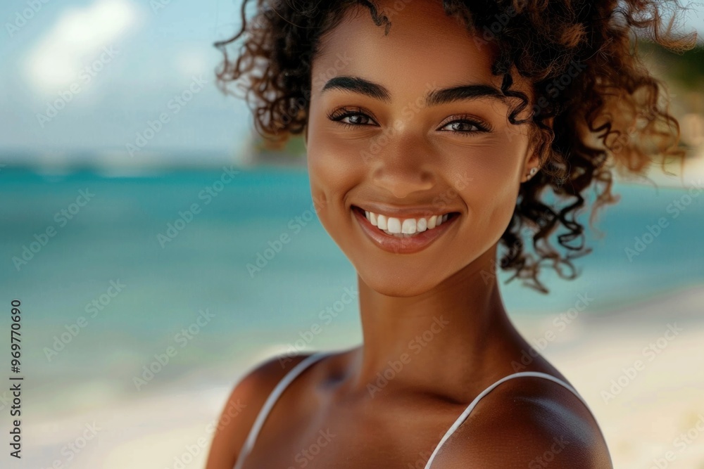 A young woman with curly hair smiles brightly, standing on a white sand beach with a turquoise ocean in the background A young woman with curly hair smiles brightly, standing on a white sand beach with a turquoise ocean in the background