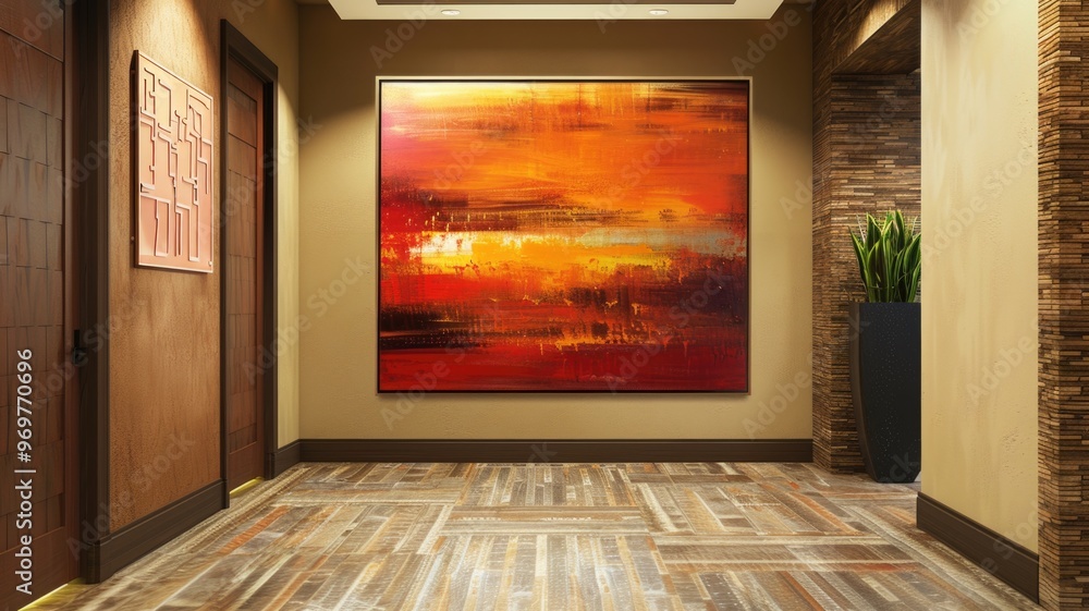 Fototapeta premium Modern Hallway with Vibrant Abstract Painting and Warm Decor, brushstrokes in sunset hues
