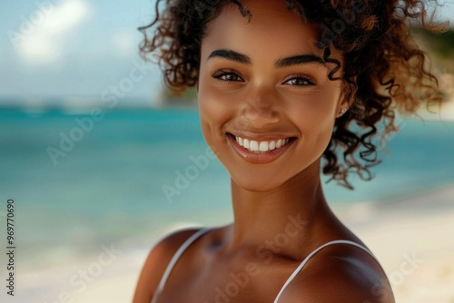 A young woman with curly hair smiles brightly, standing on a white sand beach with a turquoise ocean in the background