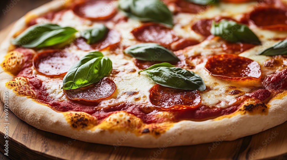 A delicious, close up of a freshly baked pizza with a crispy crust, topped with melted mozzarella cheese, pepperoni slices, and vibrant green basil leaves. The pizza is set on a A delicious, close up of a freshly baked pizza with a crispy crust, topped with melted mozzarella cheese, pepperoni slices, and vibrant green basil leaves. The pizza is set on a