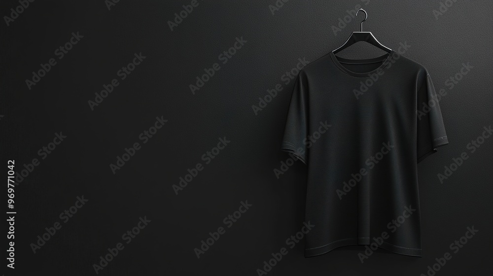 Black t-shirt on a hanger with black background Black t-shirt on a hanger with black background