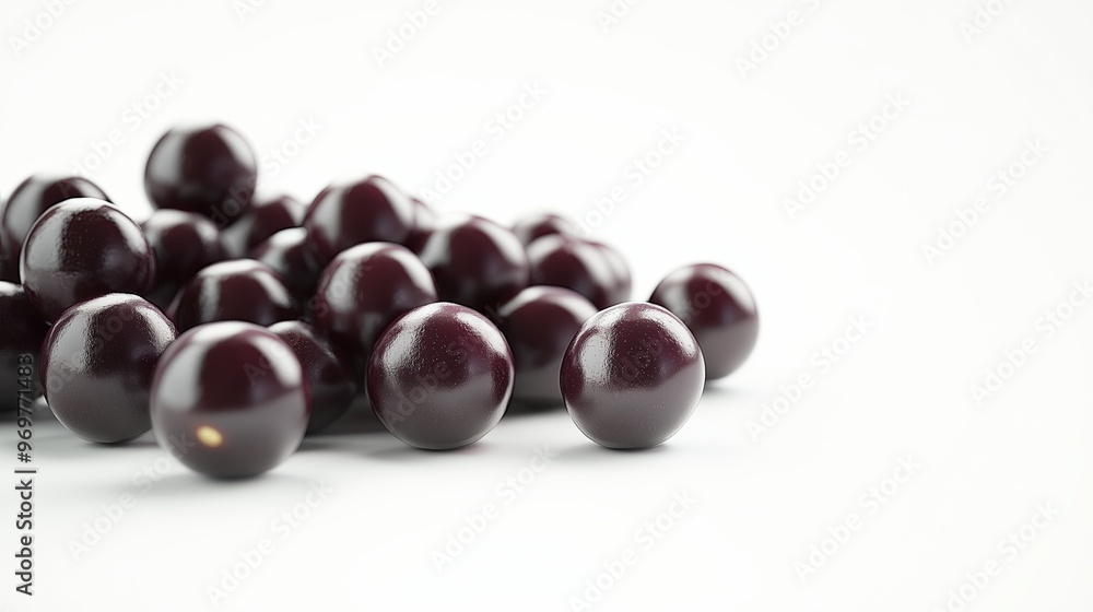 A detailed and realistic close up of fresh, succulent acai berries set against a pure white backdrop. The realistic style emphasizes the smooth surface and rich color of the A detailed and realistic close up of fresh, succulent acai berries set against a pure white backdrop. The realistic style emphasizes the smooth surface and rich color of the