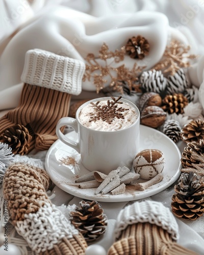 Warm winter scene featuring a cozy cup of coffee, pinecones, and soft textures, perfect for holiday vibes and seasonal imagery.