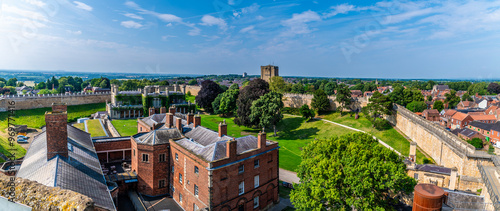 A view across the castle interior courtyard in Lincoln, Lincolnshire in summertime