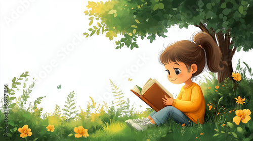 Depicting of a Cute cartoon a child cute boy ,girl sitting and reading a book under a tree, symbolizing relaxation and outdoor leisure isolate on white background.