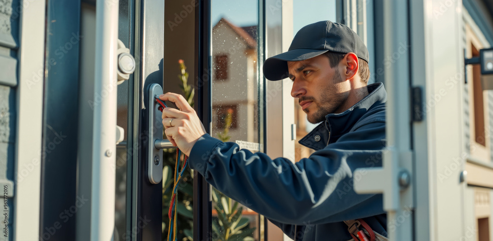 A locksmith working on a door handle A locksmith working on a door handle