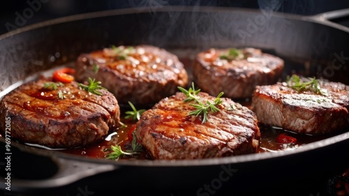 Grilled beef patties in a frying pan, sprinkled with fragrant spices and decorated with a sprig of rosemary.