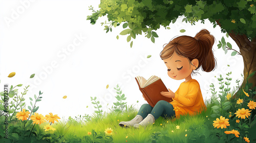Depicting of a Cute cartoon a child cute boy ,girl sitting and reading a book under a tree, symbolizing relaxation and outdoor leisure isolate on white background.