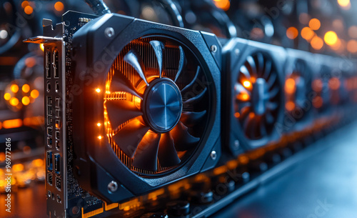 A row of computer fans are lit up in orange