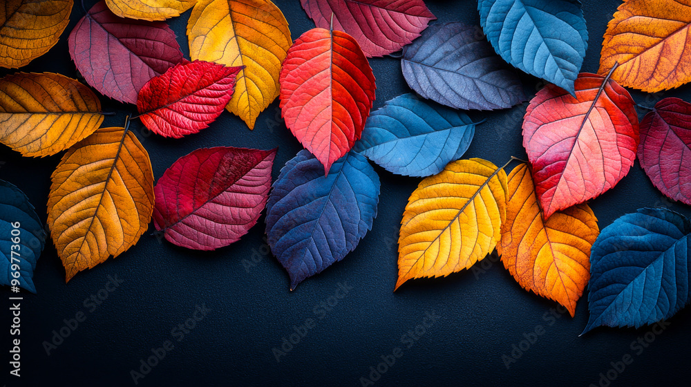 A colorful array of leaves are scattered across a dark background. The leaves are of various colors, including red, yellow, and blue. Concept of natural beauty and the changing of seasons A colorful array of leaves are scattered across a dark background. The leaves are of various colors, including red, yellow, and blue. Concept of natural beauty and the changing of seasons