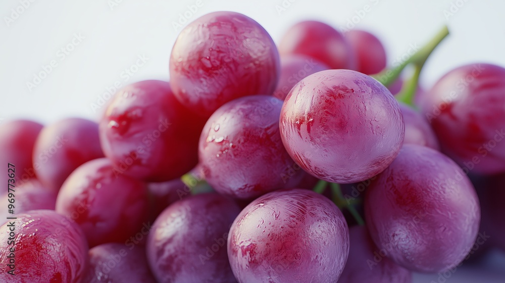 A detailed and realistic close up of fresh, succulent grapes set against a pure white backdrop. The realistic style emphasizes the smooth surface and rich color of the grapes, A detailed and realistic close up of fresh, succulent grapes set against a pure white backdrop. The realistic style emphasizes the smooth surface and rich color of the grapes,