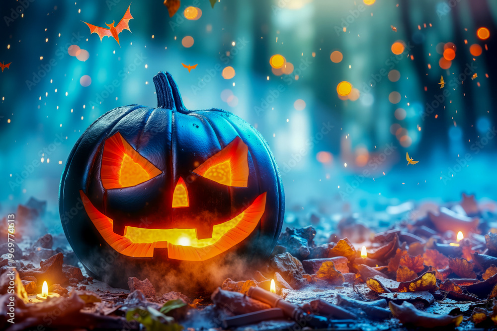 A jack-o-lantern sitting on the ground surrounded by fallen leaves and bats A jack-o-lantern sitting on the ground surrounded by fallen leaves and bats
