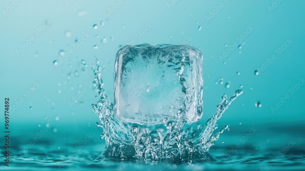 Water splashing dramatically around a floating ice cube, Water splash, coolness, refreshment Water splashing dramatically around a floating ice cube, Water splash, coolness, refreshment