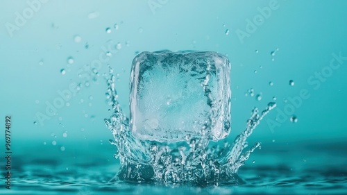 Water splashing dramatically around a floating ice cube, Water splash, coolness, refreshment photo