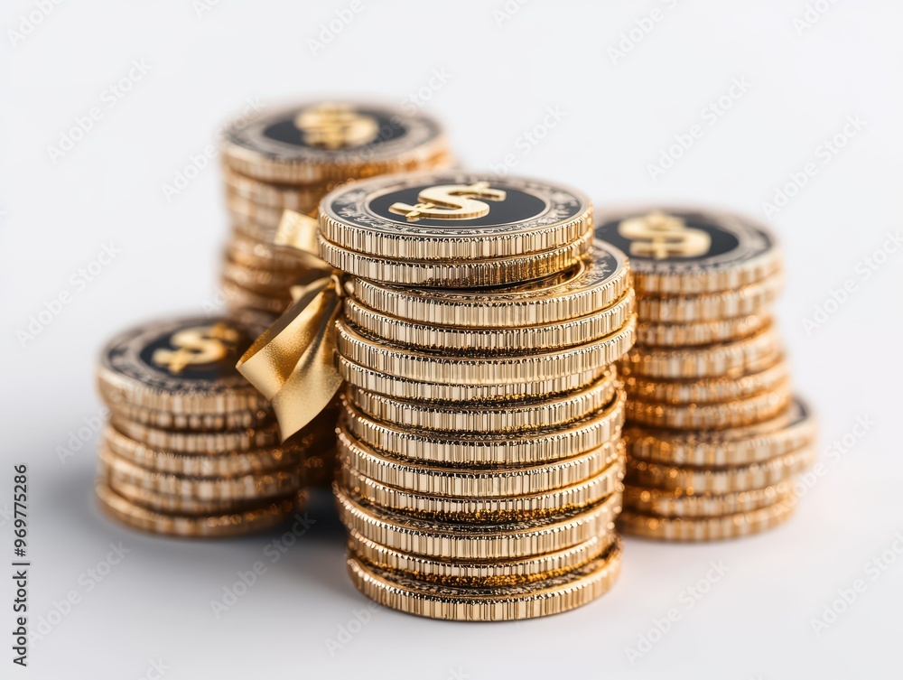 A stack of gold coins with a dollar symbol, symbolizing wealth and financial prosperity, perfect for finance-themed projects. A stack of gold coins with a dollar symbol, symbolizing wealth and financial prosperity, perfect for finance-themed projects.