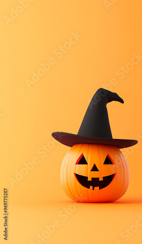 A pumpkin with a black hat on top of it. The pumpkin is smiling and has a happy expression. Holiday Halloween concept.