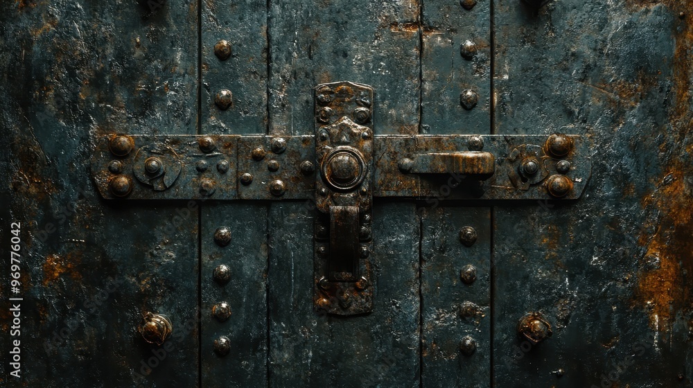 Fototapeta premium A close-up view of an old, weathered steel door with intricate bolts and a rusty latch, perfect for themes of security, history, or industrial design, Uses include historical articles