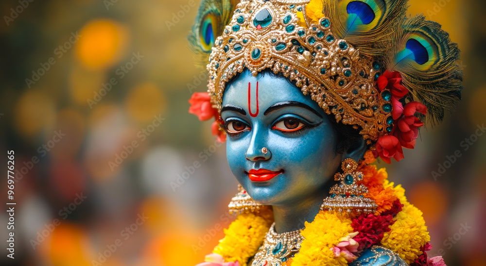 A festival of happy shree krishna janmashtami. Closeup portrait of Hindu god Lord Krishna with blue skin and beautiful jewelry. A festival of happy shree krishna janmashtami. Closeup portrait of Hindu god Lord Krishna with blue skin and beautiful jewelry.