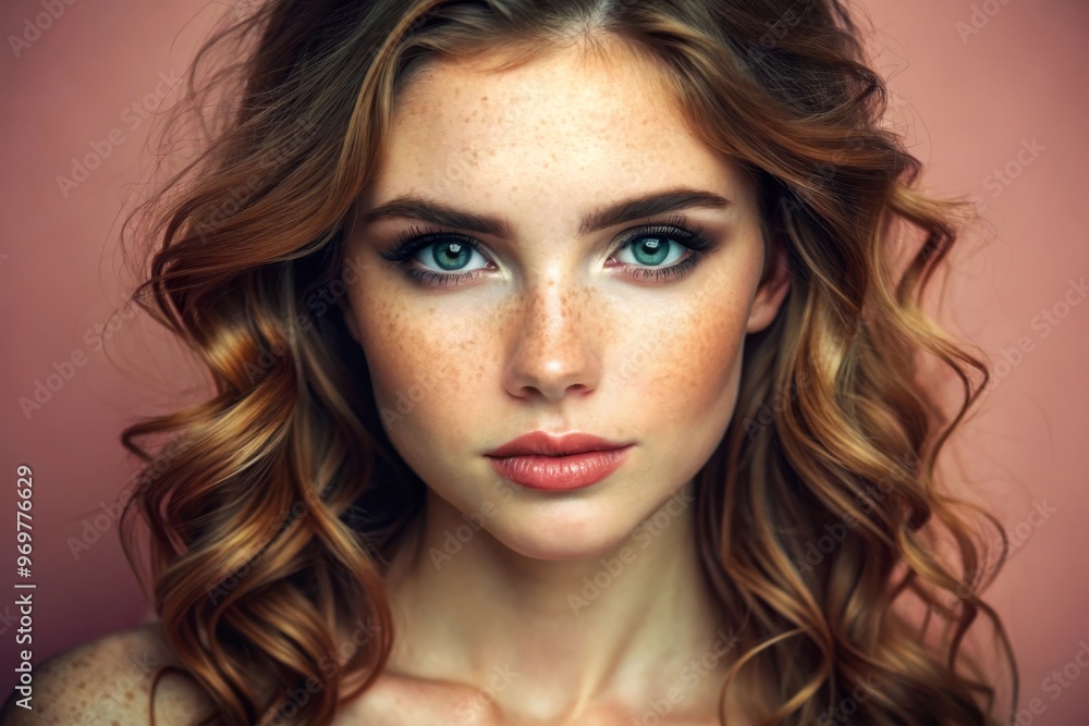 Emotive portrait of a fashionable model with red (ginger) curly hair and natural make-up posing over grey background. Perfect skin with freckles. Studio shot Emotive portrait of a fashionable model with red (ginger) curly hair and natural make-up posing over grey background. Perfect skin with freckles. Studio shot