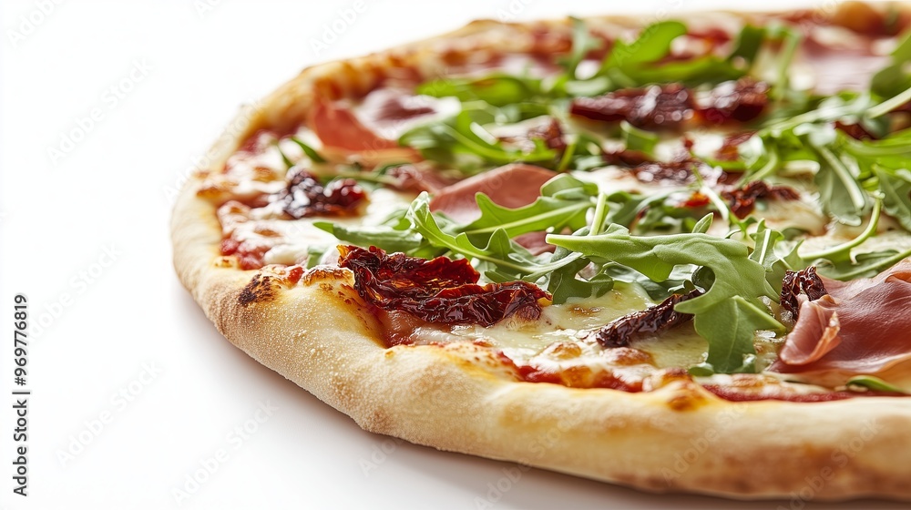 A detailed, realistic close up of a pizza on a pristine, bright white background. The pizza showcases an array of gourmet toppings, such as prosciutto, arugula, and sun dried A detailed, realistic close up of a pizza on a pristine, bright white background. The pizza showcases an array of gourmet toppings, such as prosciutto, arugula, and sun dried