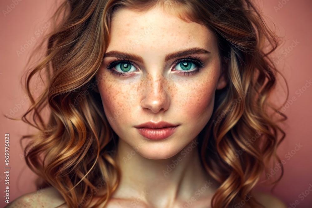 Emotive portrait of a fashionable model with red (ginger) curly hair and natural make-up posing over grey background. Perfect skin with freckles. Studio shot Emotive portrait of a fashionable model with red (ginger) curly hair and natural make-up posing over grey background. Perfect skin with freckles. Studio shot