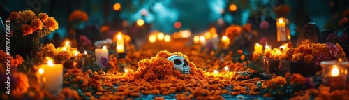 A scenic display of marigold flowers, candles, and a decorated sugar skull on a dimly lit path perfect for representing Dia de los Muertos celebrations, cultural events, and themed decorations,