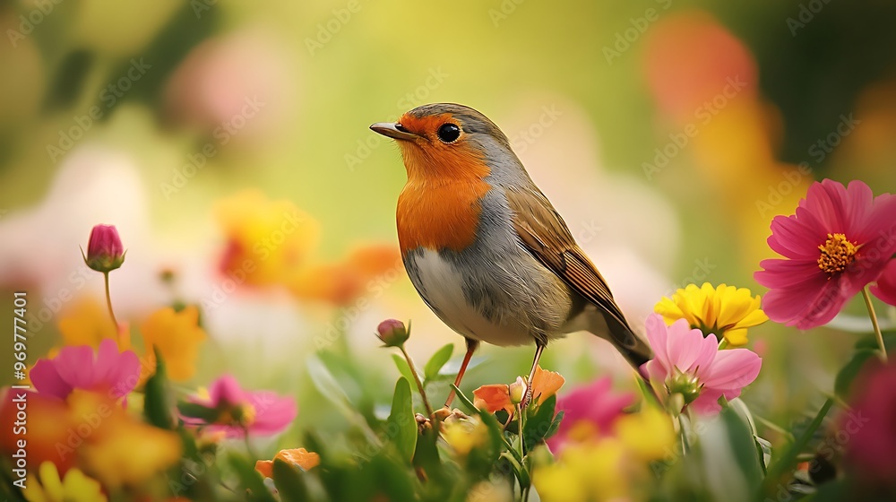 Robin Perched on Flowers Robin Perched on Flowers