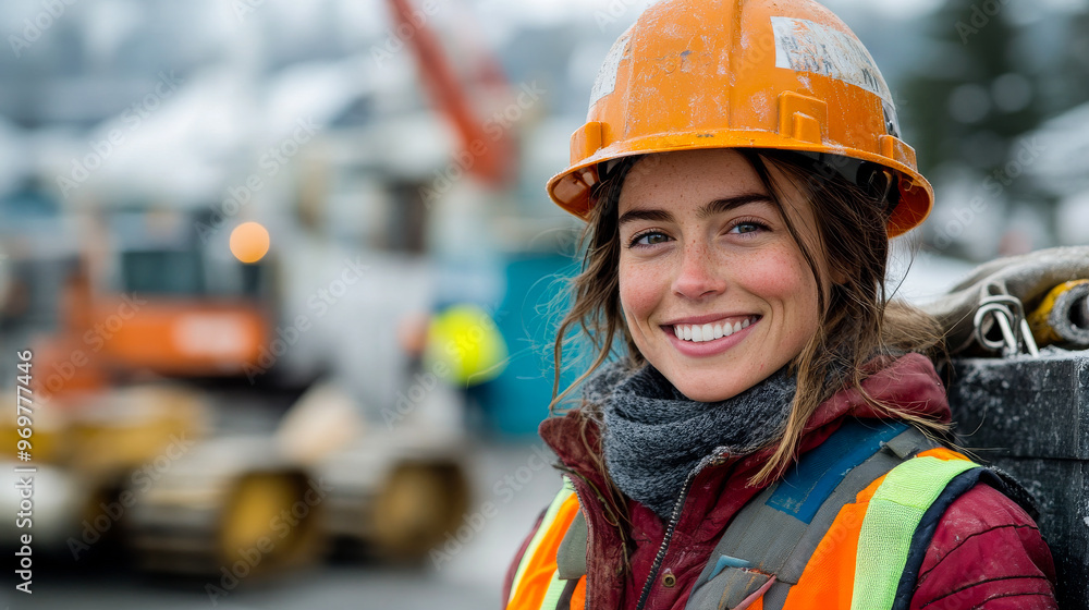 A woman wearing a hard hat and safety vest is smiling for the camera. She is standing in front of a construction site with a crane in the background A woman wearing a hard hat and safety vest is smiling for the camera. She is standing in front of a construction site with a crane in the background