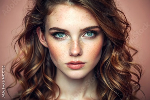 Wallpaper Mural Emotive portrait of a fashionable model with red (ginger) curly hair and natural make-up posing over grey background. Perfect skin with freckles. Studio shot Torontodigital.ca