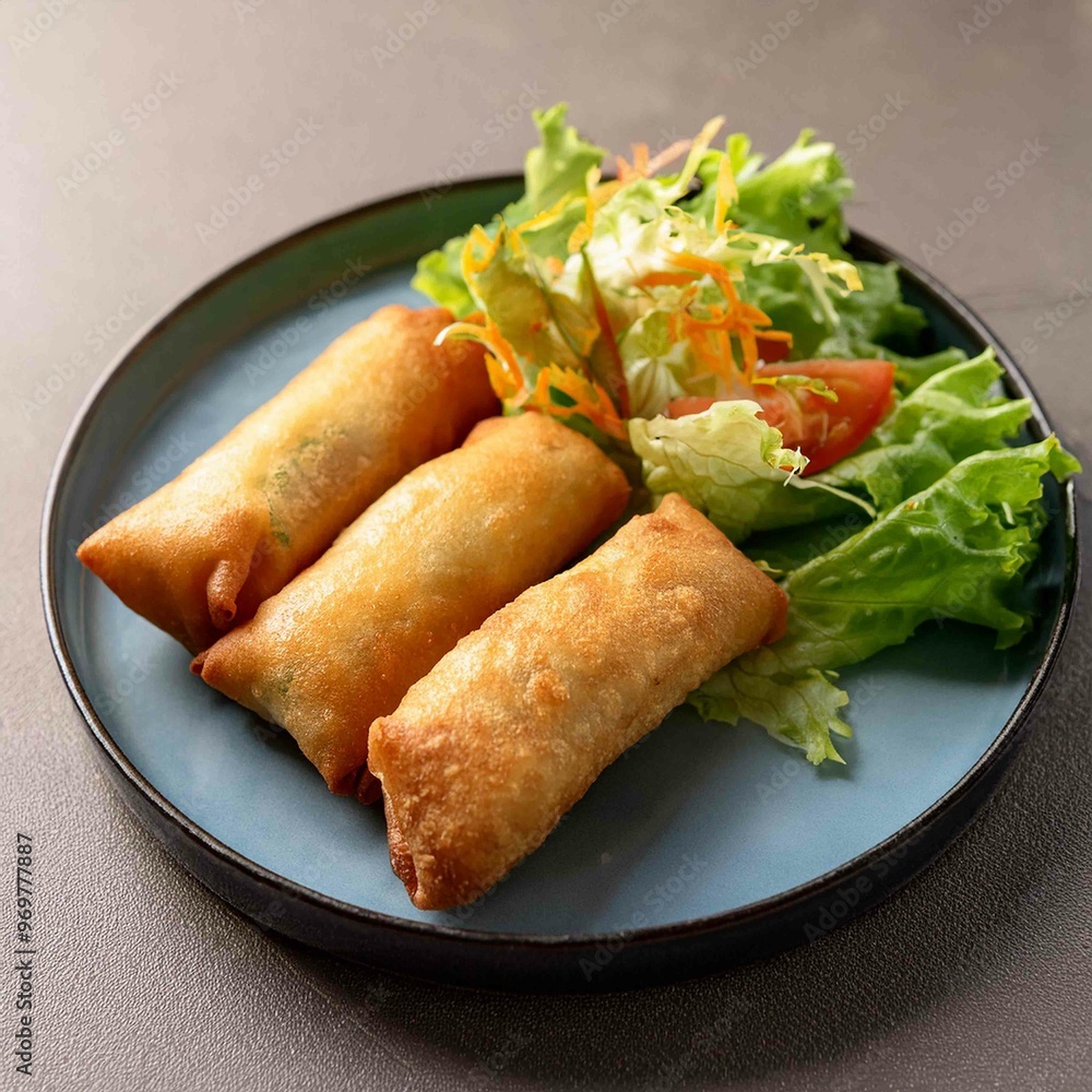 fried spring rolls on a plate with salad fried spring rolls on a plate with salad