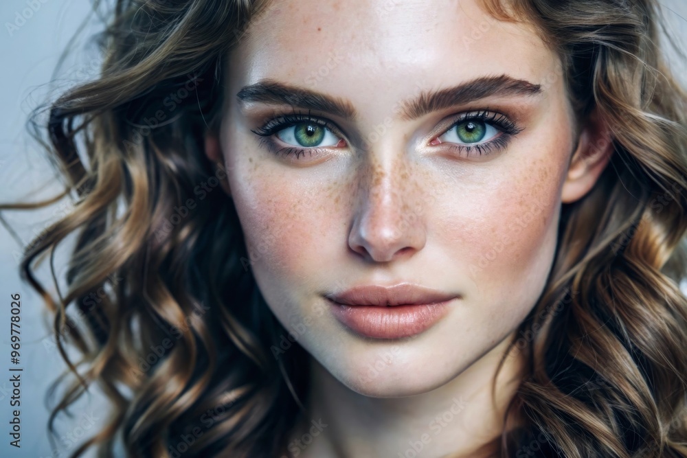 Fototapeta premium Emotive portrait of a fashionable model with red (ginger) curly hair and natural make-up posing over grey background. Perfect skin with freckles. Studio shot