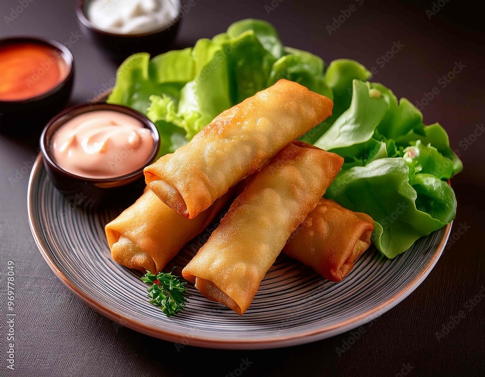 fried spring rolls on a plate with salad fried spring rolls on a plate with salad