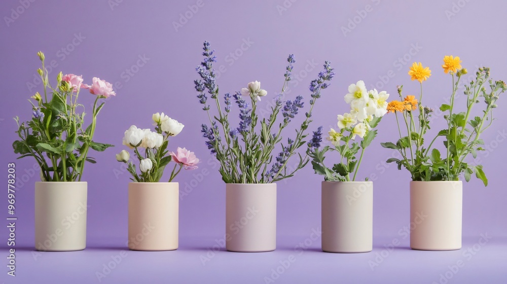 A collection of minimalist ceramic pots in soft neutral tones, each holding a different flower, arranged on a bold purple background A collection of minimalist ceramic pots in soft neutral tones, each holding a different flower, arranged on a bold purple background