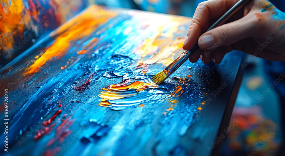 A person is painting a picture with a brush. The painting is a colorful abstract piece with a blue background and red and yellow strokes. The mood of the painting is vibrant and energetic A person is painting a picture with a brush. The painting is a colorful abstract piece with a blue background and red and yellow strokes. The mood of the painting is vibrant and energetic