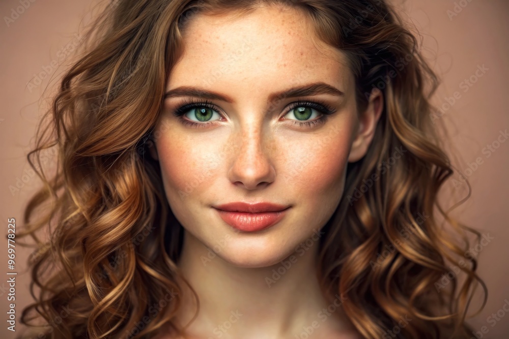 Naklejka premium Emotive portrait of a fashionable model with red (ginger) curly hair and natural make-up posing over grey background. Perfect skin with freckles. Studio shot