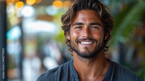 Handsome man smiling outdoors, showing confidence and positive emotions