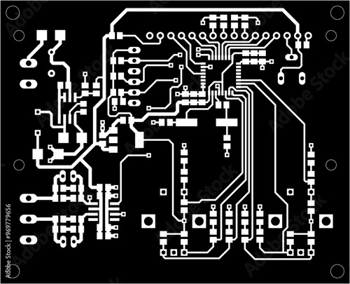 Vector printed circuit board of electronic 
device with components of radio elements, 
conductors and contact pads placed on pcb. 
Engineering technical drawing. Electric background.
Cad design.