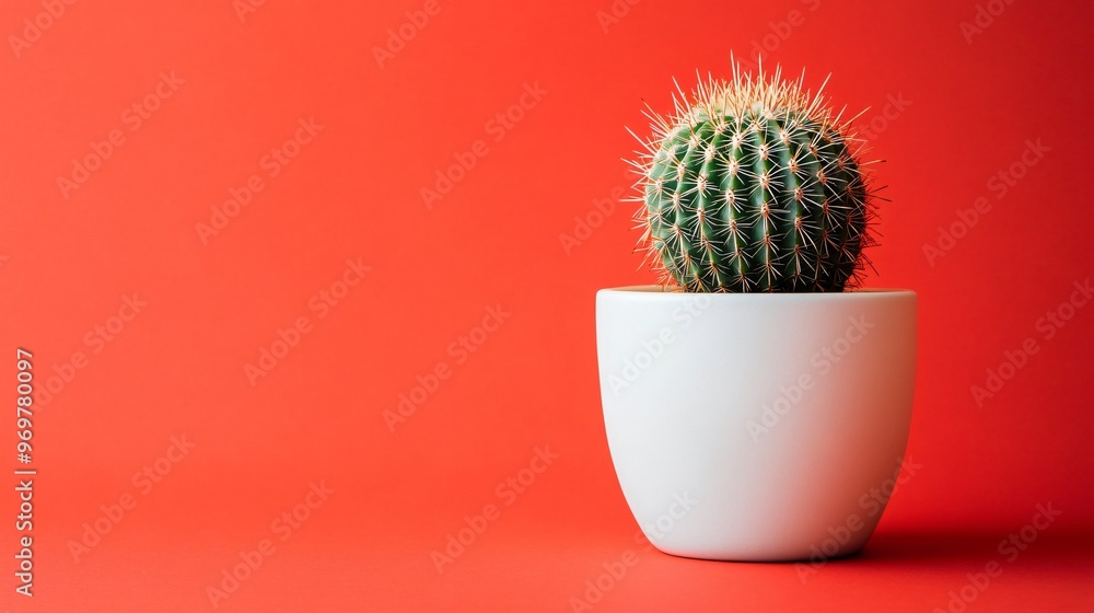 A simple white pot holding a cactus, set against a bright coral background with clean, modern lighting highlighting the textures of the plant and pot A simple white pot holding a cactus, set against a bright coral background with clean, modern lighting highlighting the textures of the plant and pot