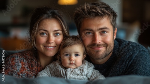 Family portrait on the sofa, showing affection and warmth in their home environment