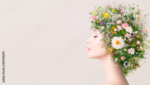 A woman's head is covered in flowers. The flowers are in various colors and sizes, and they are arranged in a way that makes the woman's head look like a flower. Concept of beauty and naturalness photo