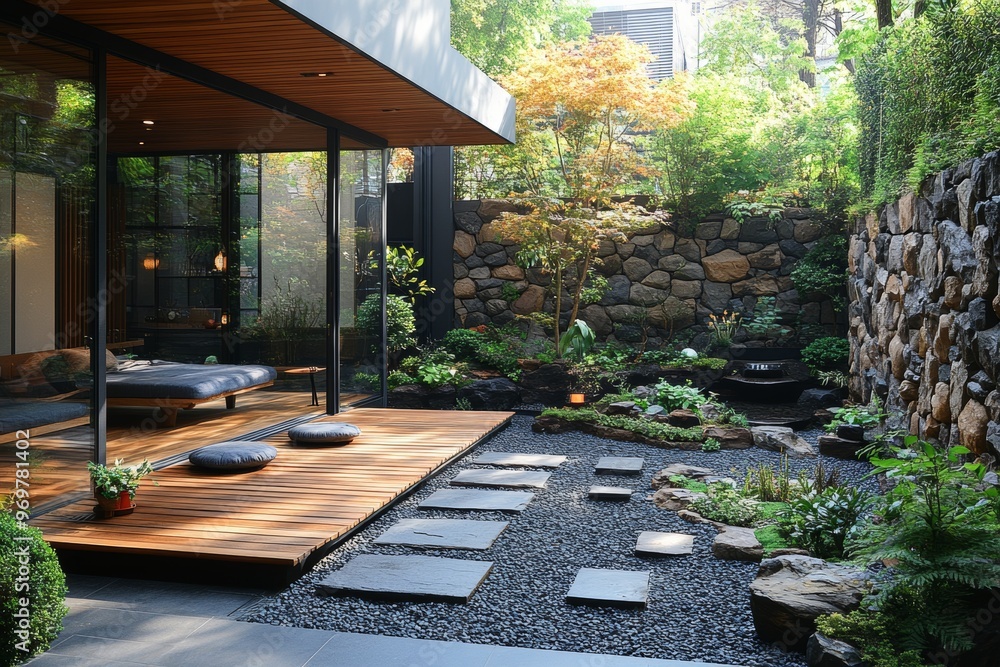 Tranquil Outdoor Courtyard with Wooden Deck and Stone Pathway in Minimalist Japanese Inspired Design Tranquil Outdoor Courtyard with Wooden Deck and Stone Pathway in Minimalist Japanese Inspired Design