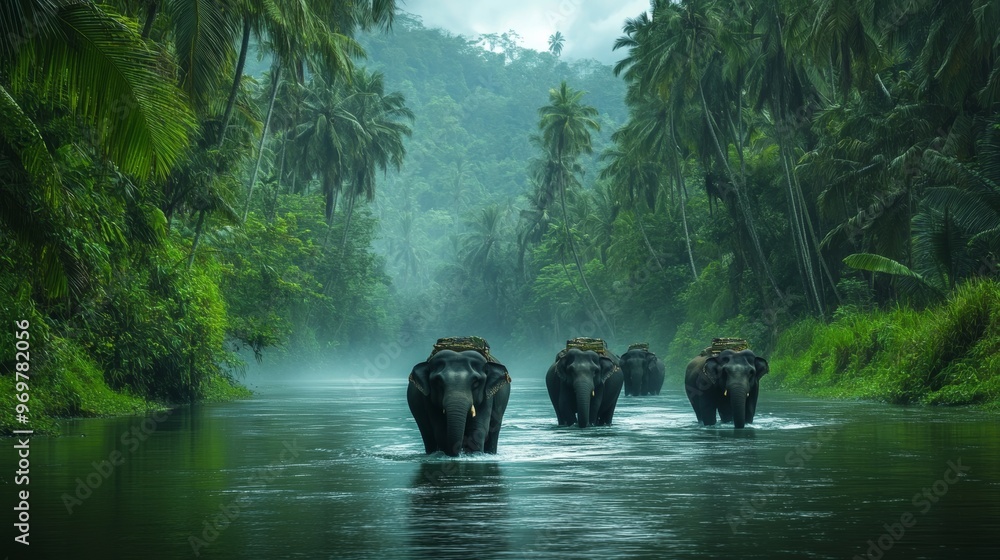 Tranquil Tropical River Winding Through Lush Jungle Landscape Tranquil Tropical River Winding Through Lush Jungle Landscape