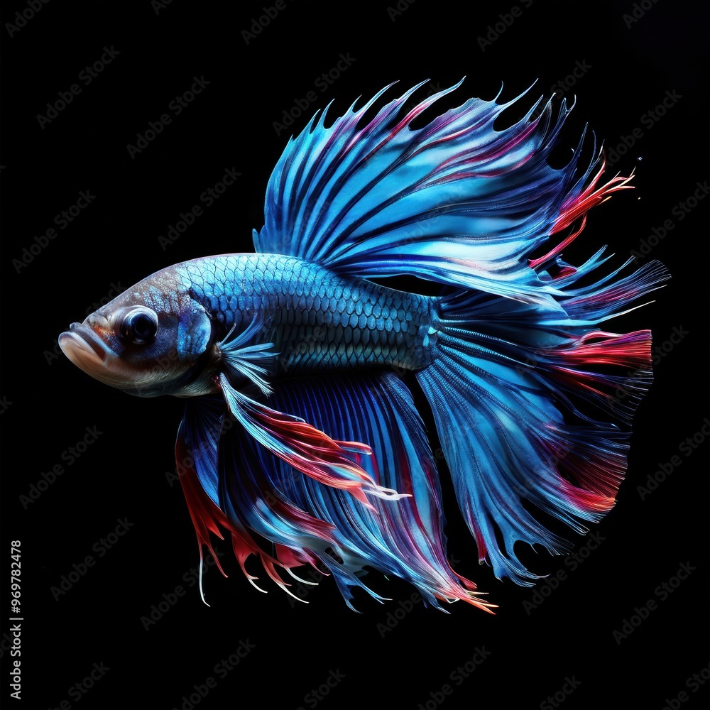 A vibrant betta fish with flowing fins, showcasing stunning colors against a black background. A vibrant betta fish with flowing fins, showcasing stunning colors against a black background.