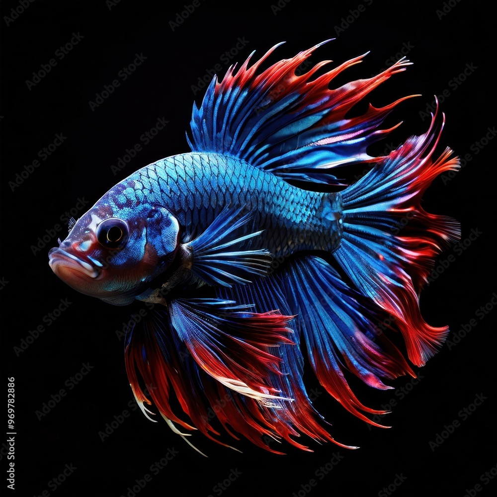 Fototapeta premium A vibrant betta fish with flowing fins, showcasing intricate colors against a dark background.